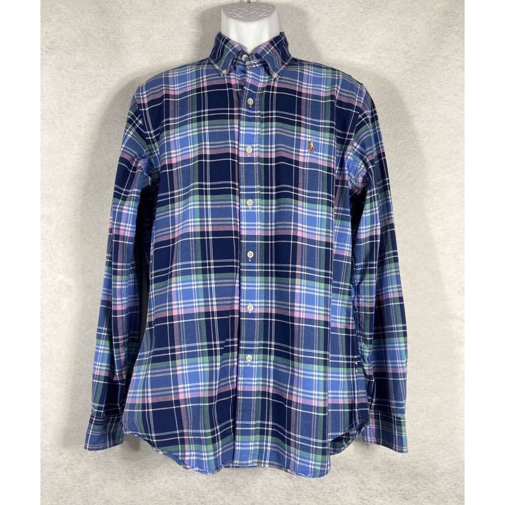 Polo Ralph Lauren Shirt Men's Medium Blue Pink Button Up Plaid Classic Fit